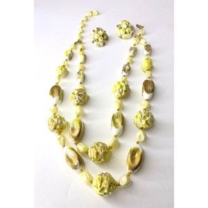 Vintage West Germany Yellow, Gold,White, chunky beads Necklace w/ Earrings